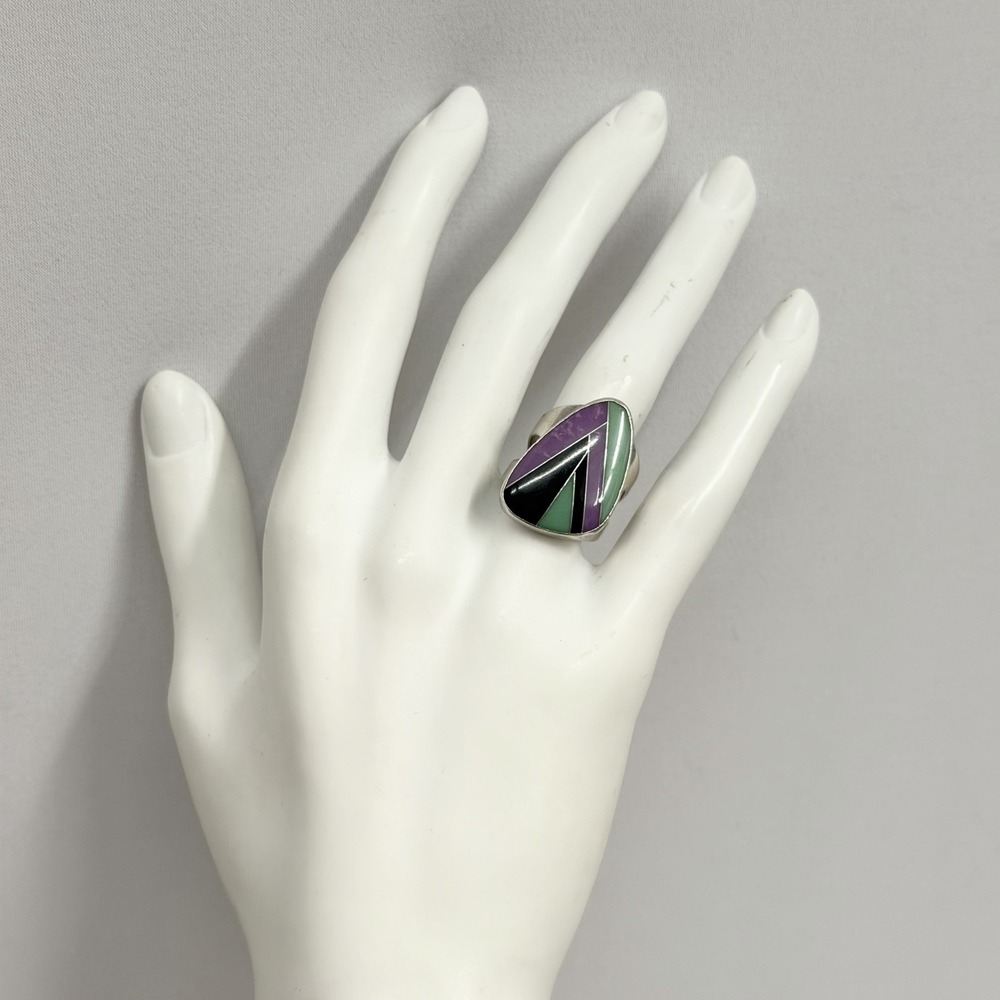 DTR Jay King Sterling Inlay Stone Ring Onyx Green Amazonite Sugilite Size 6 1/2